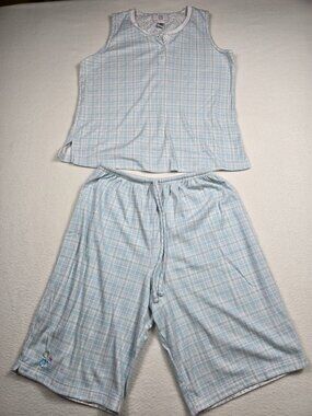 Karen Neuberger Womens Plaid Sleeveless Pajama Set W/ Embroidered Flowers M